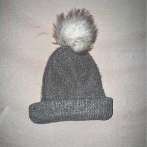 FUR ball WINTER beanie, Grey long length foldable, urban outfitters brand